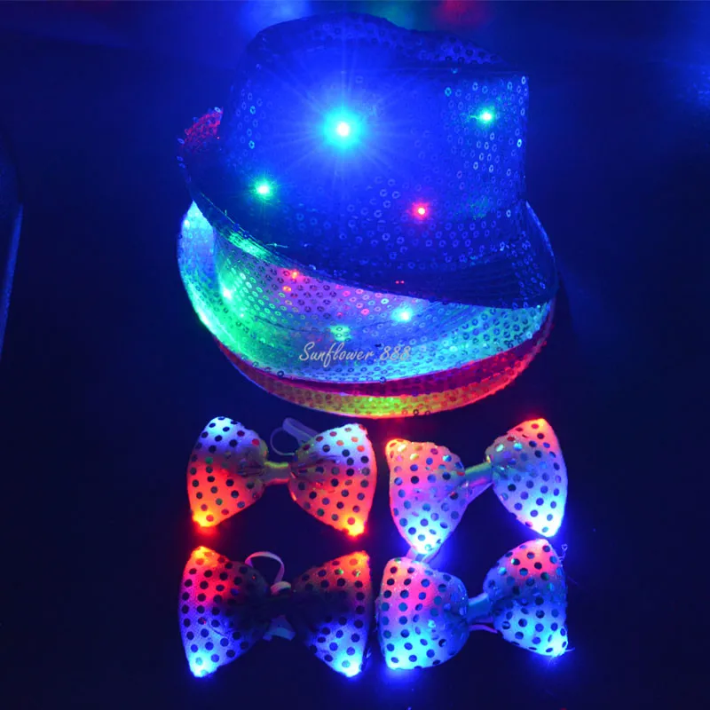 

Woman Men LED Light Sequin Jazz Hat Cap Bow Tie Glasses Glow Rave Party Bar Parade Costume Wedding Carnival