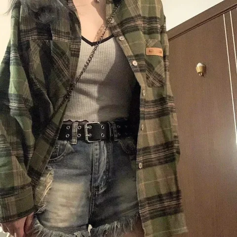 Deeptown Harajuku Green Plaid Shirt Streetwear Women Vintage Long Sleeve Oversize Blouse Korean Fashion Aesthetic Clothes Female Deeptown Harajuku Green Plaid Shirt Streetwear Women Vintage Long Sleeve Oversize Blouse Korean Fashion Aesthetic Clothes Female