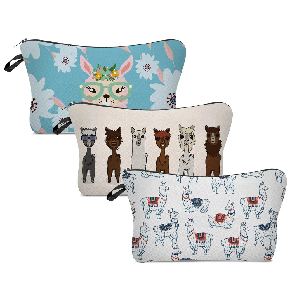 

Women Portable Cosmetic Bags Animal Alpaca Print Wash Bag Pouch Travel Storage Zip Toiletries Organizer Female Pocket Money Bag
