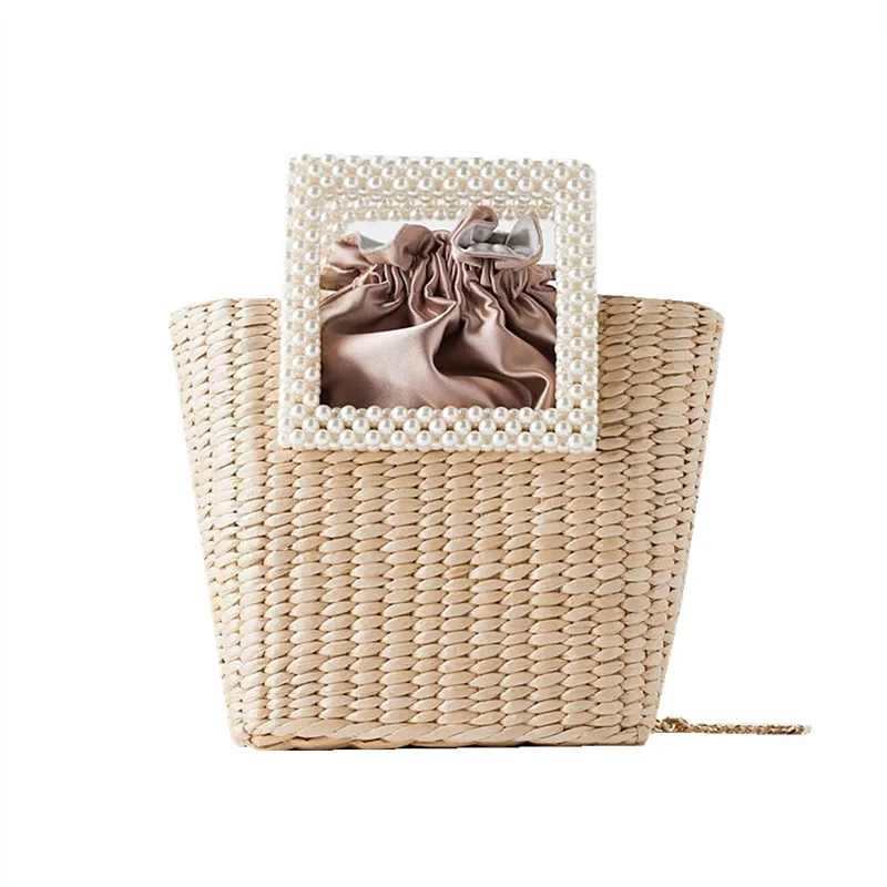 New Bohemian Bag Pearl Fashion Straw Bag Hand-Woven Shoulder Bag Handbag Women Straw Basket Tote Purses Crossbody Messenger Bag