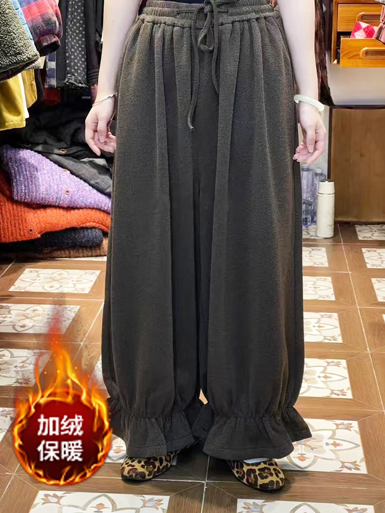 Plus Size Fleece-lined 2024 Winter Japan fashion Retro Wooden Ear Bud-Shaped Pants Women Artistic Casual Loose Meat Covering ...