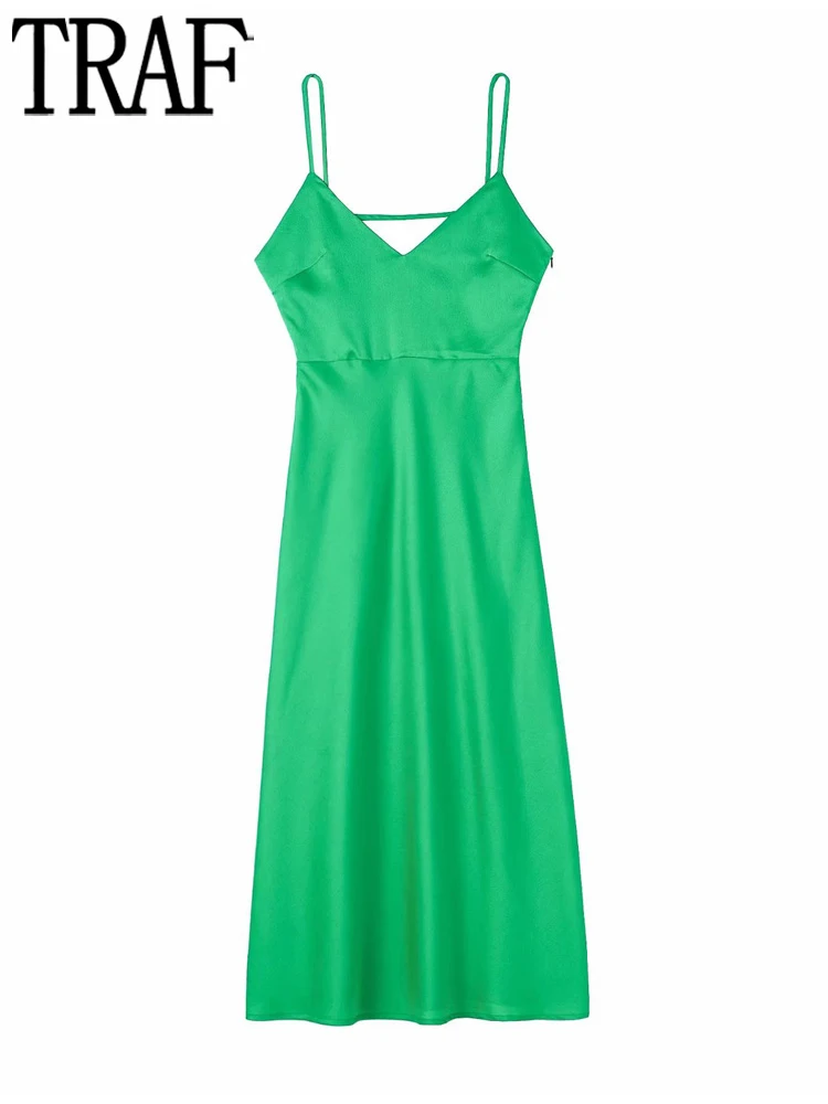 

Зеленое женское атласное платье-комбинация TRAF с открытыми плечами, женские длинные платья с открытой спиной, женский элегантный летний сар...