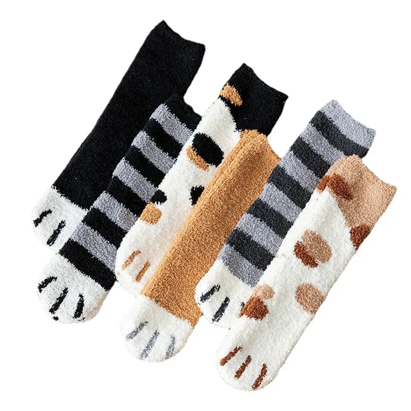 

Dreamlikelin 6 Pairs/lot Women Kawaii Socks Set Cartoon Cat Paw Patterned Dot Striped Plush Socks Winter Warm Funny Fluffy Sox