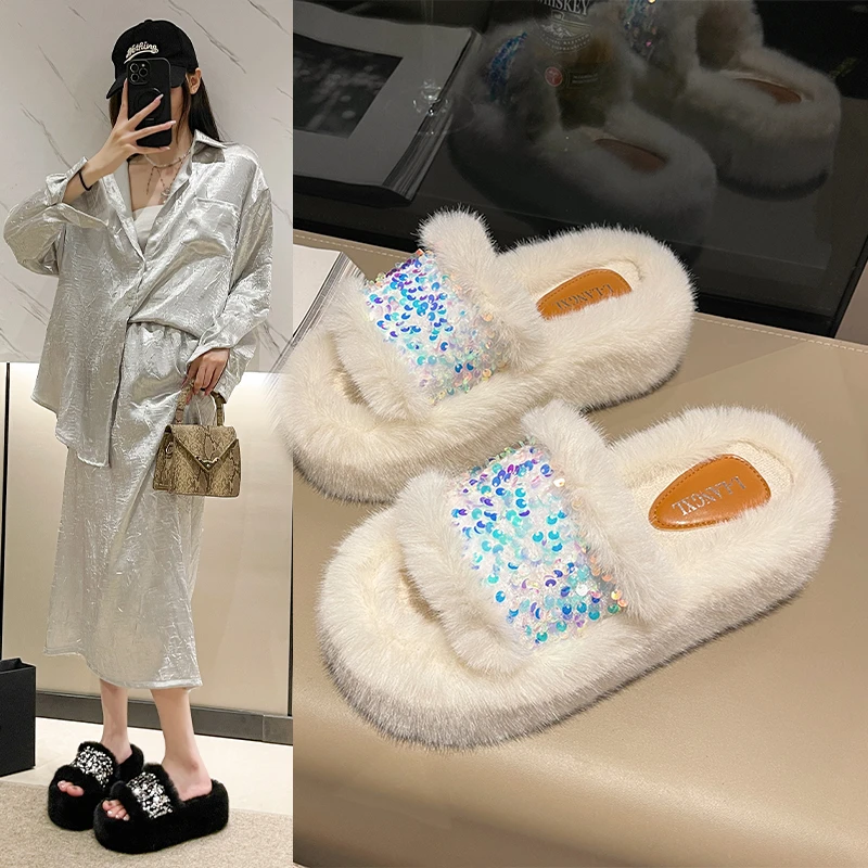 Женские зимние шлепанцы на платформе из искусственного меха