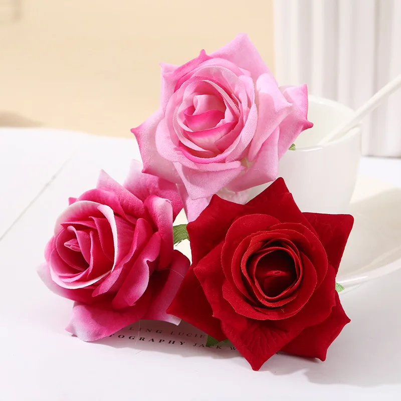 

20pcs 8cm Flocking Trangle Artificial roses head flower Wedding Valentine's Day Birthday DIY Bouquet Gift Home decor Wholesale