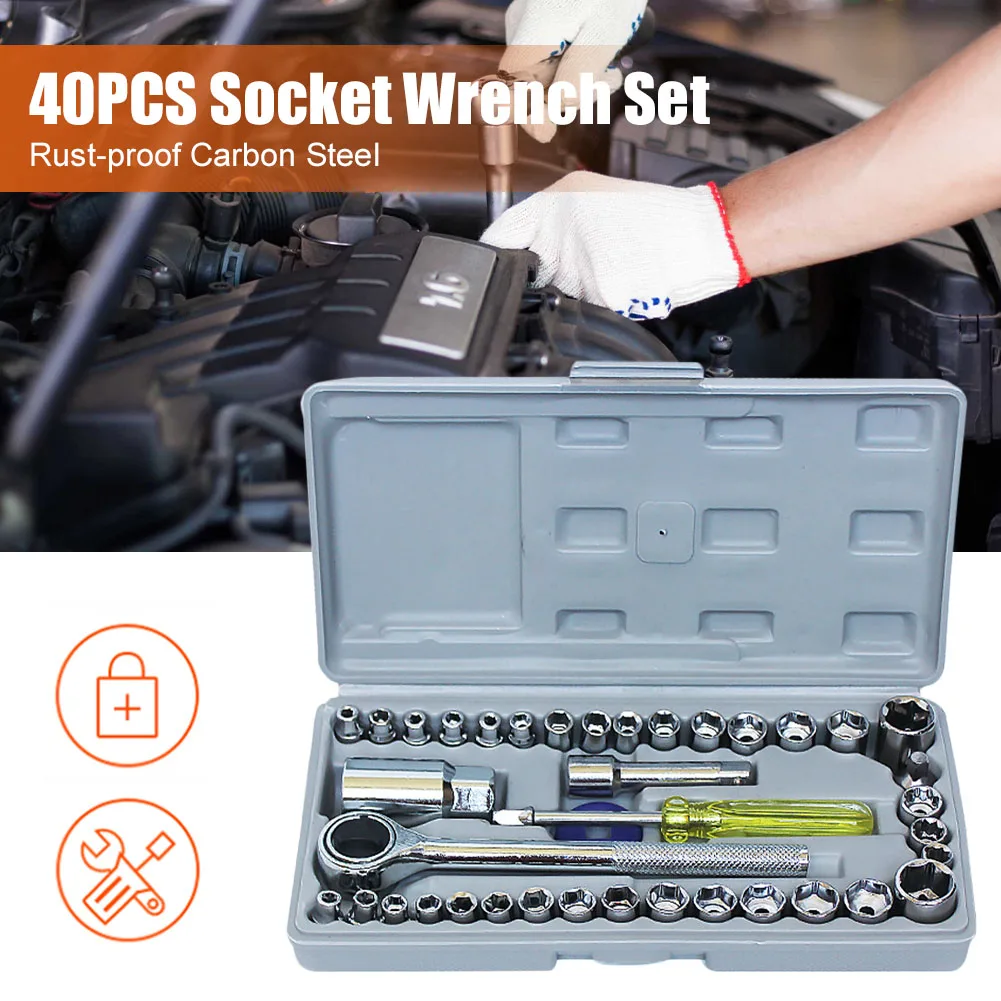 

40Pcs Universal Socket Wrench Set Hand Tool Carbon Steel SAE/Metric 1/4" 3/8" Drive Ratchet Spinner Wrench Set Car Repair Tool