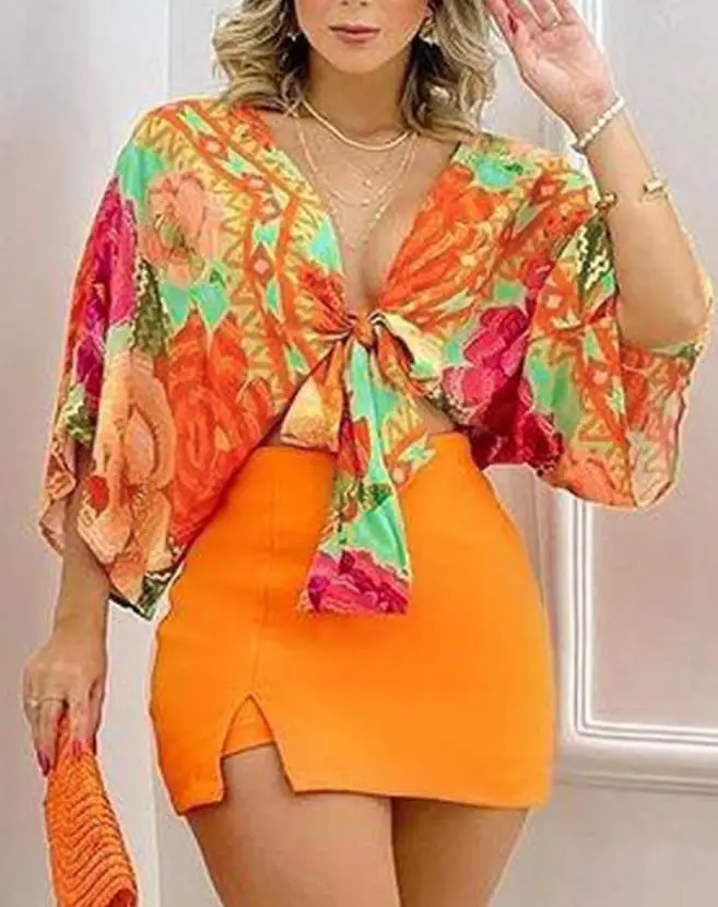 

Two Piece Sets Womens Outifits 2023 Fashion Floral Print Tied Detail V-Neck Long Sleeve Top & Casual Mini Vacation Skirt Set