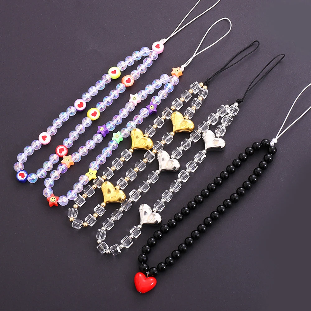 

Love Heart Beaded Mobile Phone Chain Women Cellphone Case Hanging Phone Charm Pendant Anti-loss Lanyard Jewelry For Her Gift