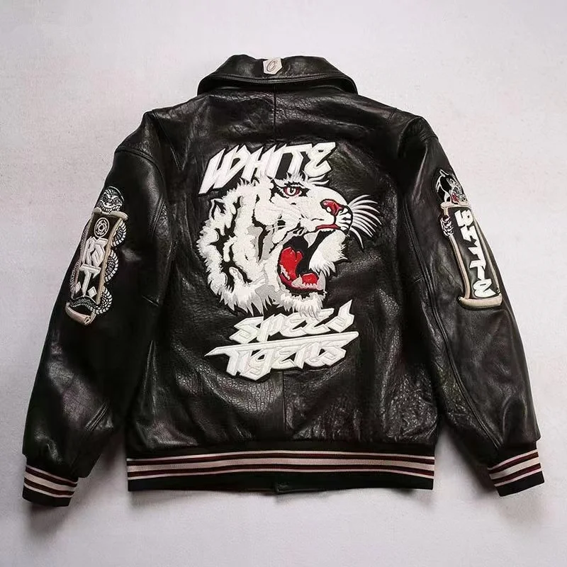 

Italy 2023 Sheep Men's Leather Jacket USA Size Embroidered Speed Tiger Autumn Winter Flight Coat
