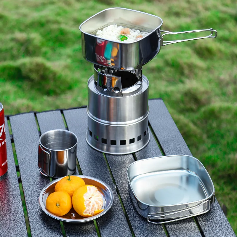 

Camping Cookware Stainless Steel Outdoor Picnic Portable Pot 2-3 People Mountaineering Picnic Set Pot Camping Cookware Set