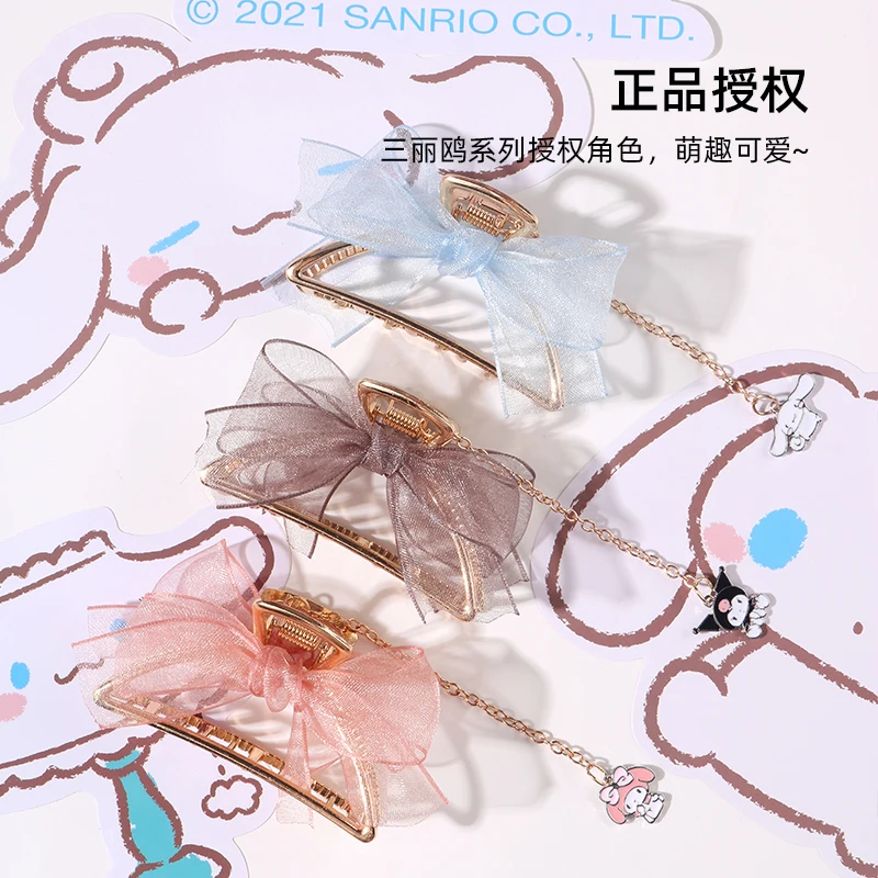 

Милая Sanrioed аниме серия mymelody Kuromi Cinnamoroll Милая модная металлическая шифоновая подвеска Женский бант в форме сердца аксессуары для волос