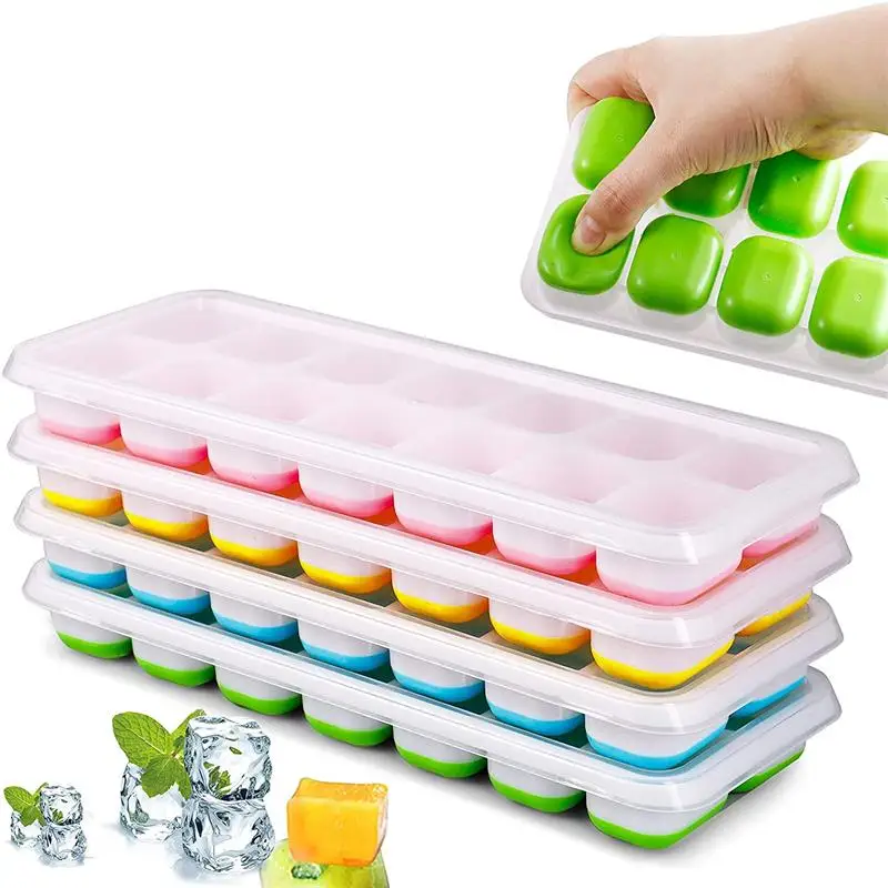 

14 Grids Silicone Ice Cube Tray Mold Clear Cover Food Grade Ice Cube Making Mold Cold Drink Kitchen Tools Home Freezer Gadgets