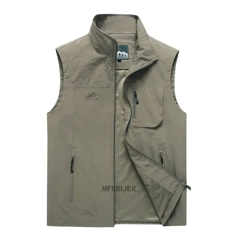 

summer autumn men thin hole vests cargo out door coat sports vests plus size 7XL pockets zipper vests armygreen