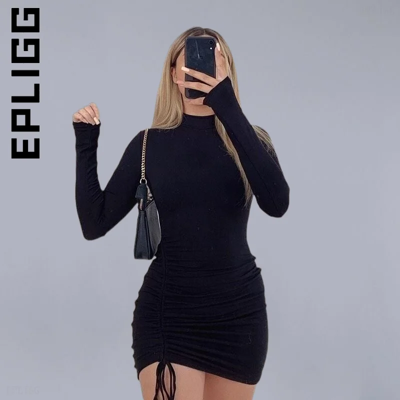 

Женское платье с высоким воротником, новое шикарное популярное Бандажное мини-платье с длинным рукавом и рюшами, праздничное платье, Клубно...