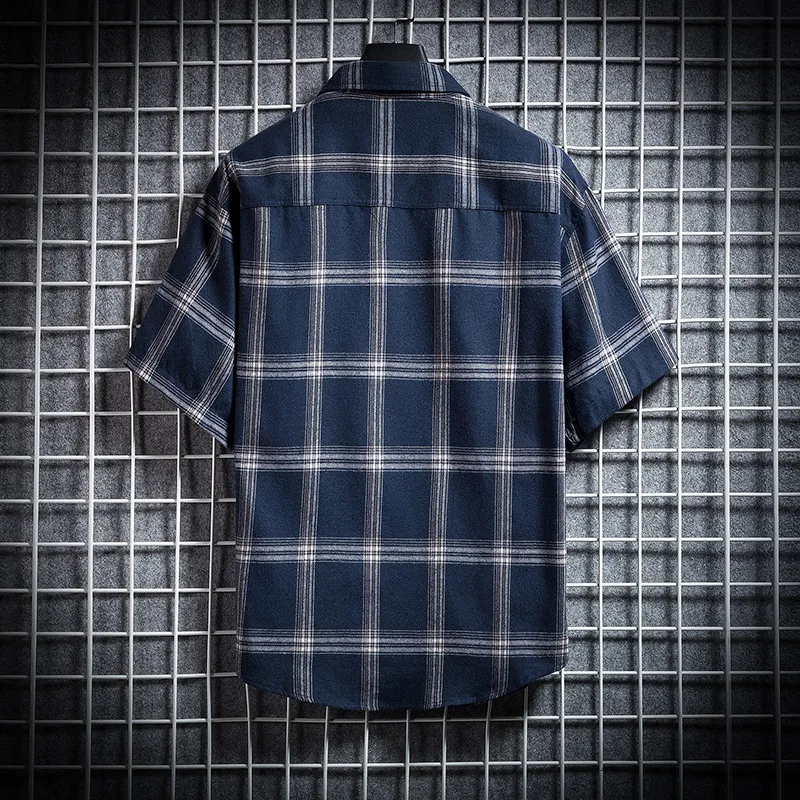 Summer Plaid Shirt Men Hip Hop Checked Short Sleeve Shirt High Quality Spring New Oversize Streetwear Grey Retro Social Blouses