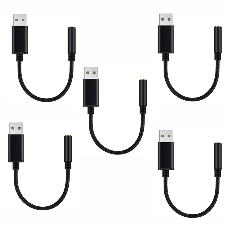 

5X USB-адаптер для наушников 3,5 мм, внешняя стереозвуковая карта для ПК, ноутбука, PS4 (0,6 фута, черный)