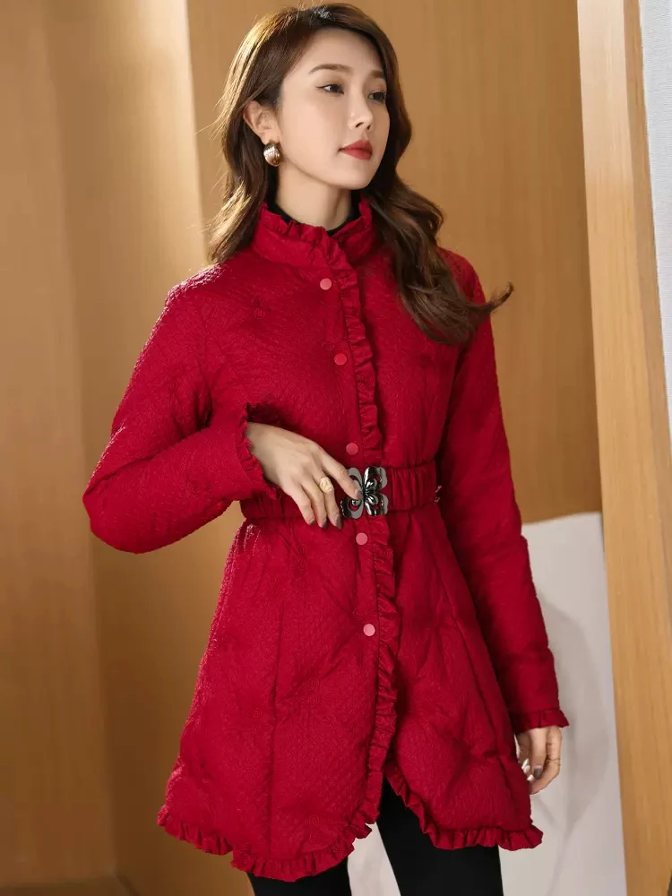 New Women Lightweight Warm Down Jacket Fashion Sweet Stand Collar Stretch Belt Slim White Duck Down Coat Short Outerwear Female