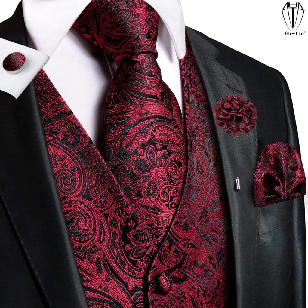

Hi-Tie High Quality Silk Mens Vests Red Burgundy Paisley Waistcoat Tie Hanky Cufflinks Brooch Set for Men Suit Wedding Office XL
