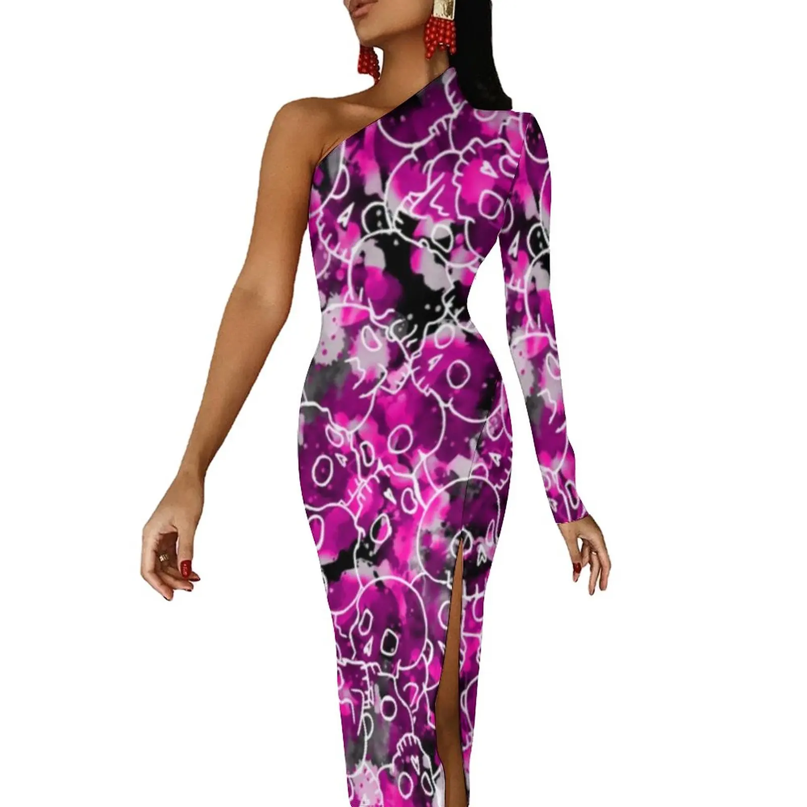 

Pretty Skulls Camo Maxi Dress One Shoulder Abstract Print Party Bodycon Dresses Spring Night Club Dress Woman Design Clothes