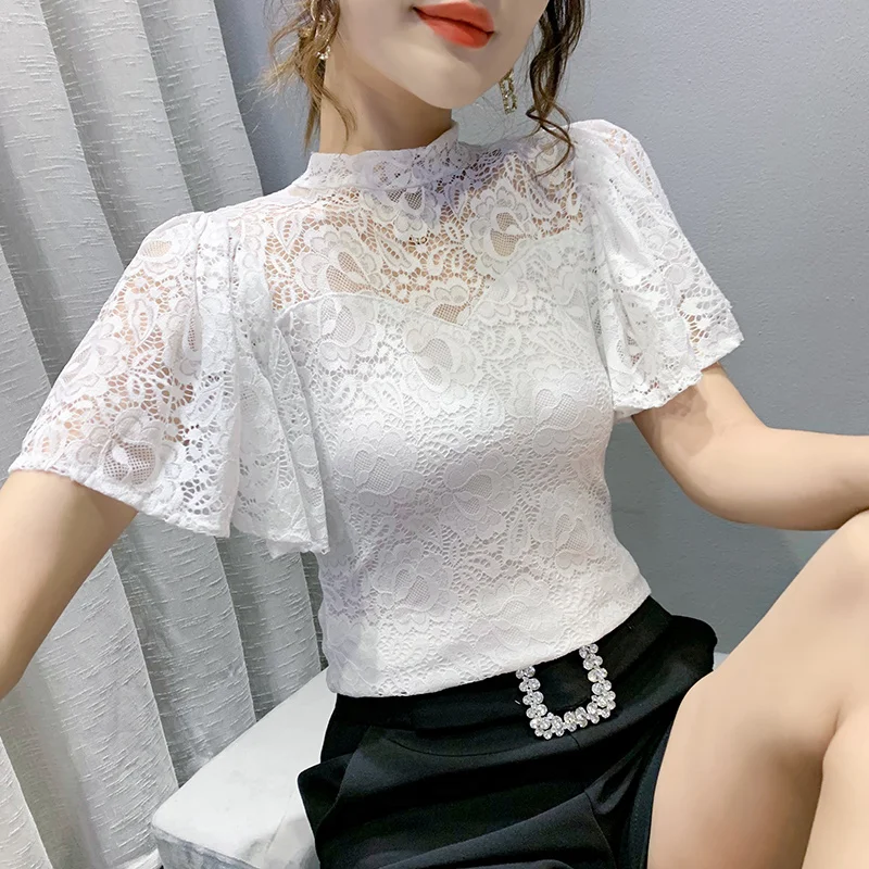 

Lace Blouse 2022 Summer New Pullover Lace Hollow Horn Sleeve Button Shirts Women's Fashion Slim Short-Sleeved Top Real Photo