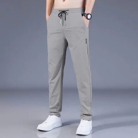 Мужские повседневные брюки, летние шелковые тонкие спортивные брюки, мужские эластичные прямые брюки, дышащие быстросохнущие брюки, 2023