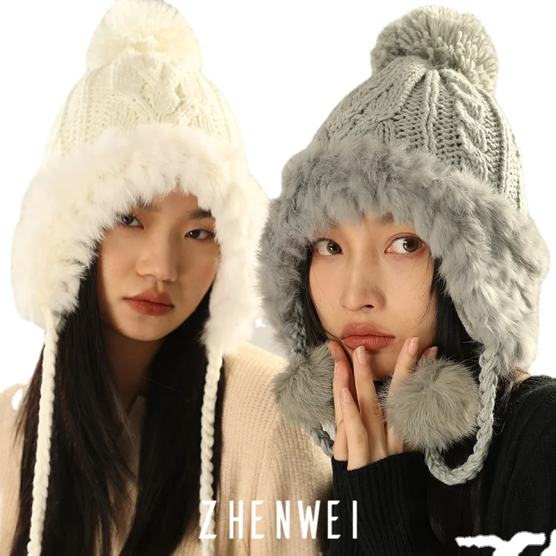 

YY Makes Face Look Smaller Rabbit Fur Hat Children Winter Fleece-Lined Woolen Hat Earflaps Warm Ushanka