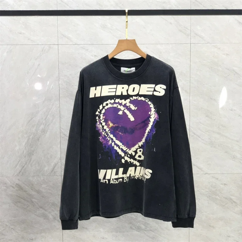 

New Fasion Vintage HELLSTAR Long Sleeved T Shirt Men Women Oversized Purple Heart Limit T-Shirt Tee