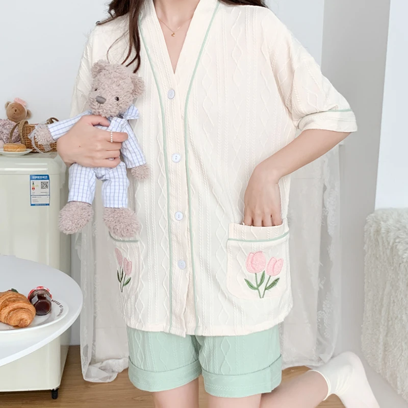 2023 New Pajamas Women's Summer Cardigan Sweet and Cute Thin Section Loose Can Be Worn Outside Homewear Girl Suit Leisure Wear