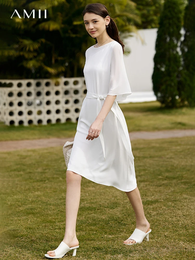 AMII Minimalism Women's Dress Patchwork 2023 Summer New Chiffon Belt Dresses Pullovers Solid White Chic Female Vestidos 12322016