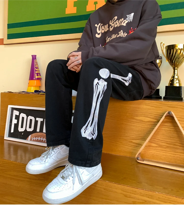 Jeans spring and summer new high street American men's and women's tide brand skeleton hip-hop personality straight trousers