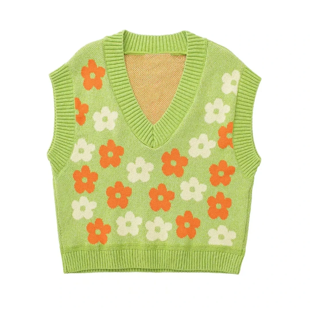 

Xitimeao Women Fashion Flower Contrast Jacquard Loose Knit Vest Sweater Vintage V Neck Sleeveless Female Waistcoat Chic Tops