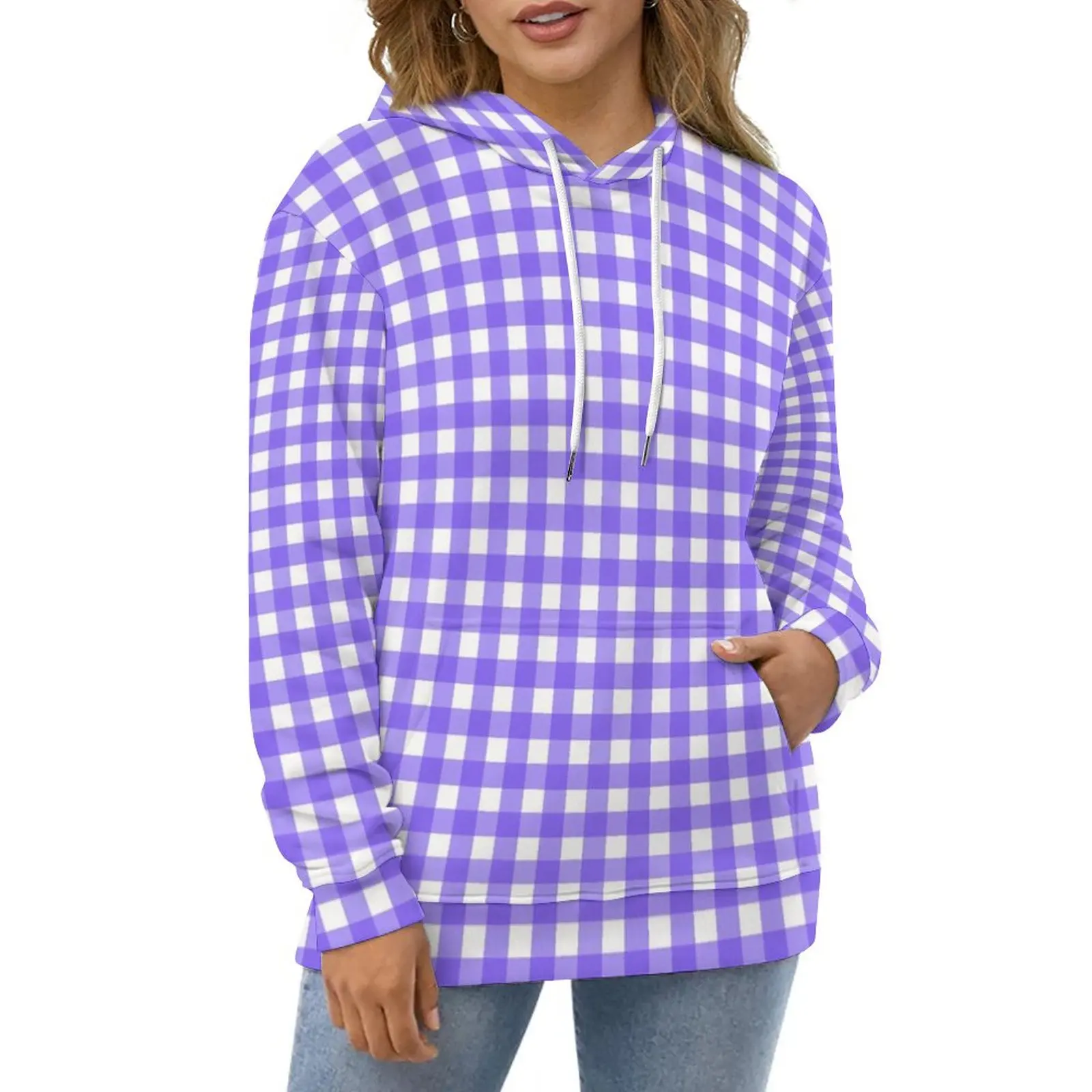 

Голубые и белые худи в клетку, шахматная клетка, Повседневный пуловер в стиле Харадзюку, худи с длинным рукавом, крутая модель подарка