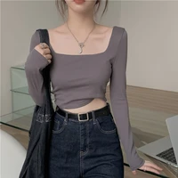 sexy slim long sleeve t shirt woman solid color square collar springautumn crop top korean fashion casual woman clothes