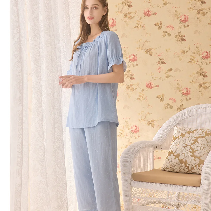 2022 New Summer Double Fiber 100% Cotton Pajamas Sets Women Homewear High Quality Short Sleeve Night Sleep Pants