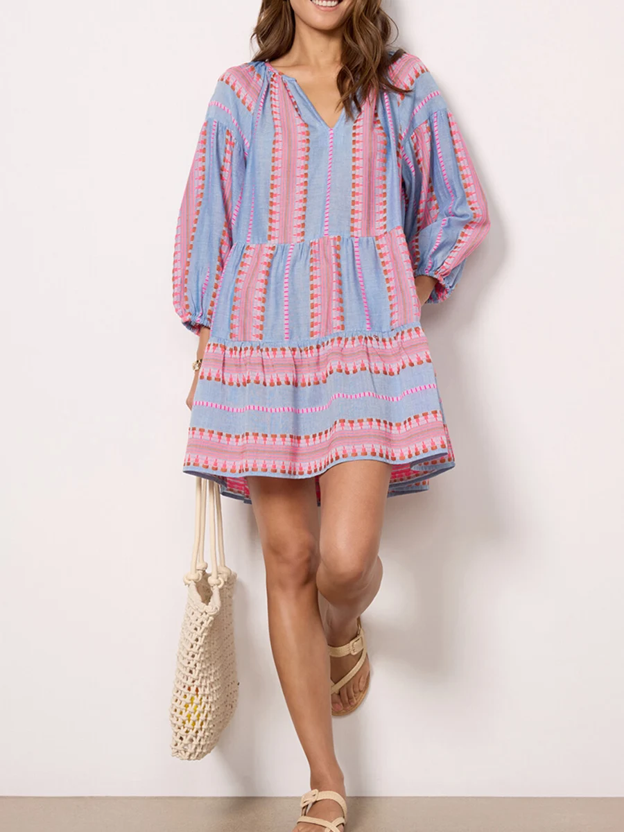 Женское летнее платье в богемном стиле свободное короткое пляжное с рукавом 3 4