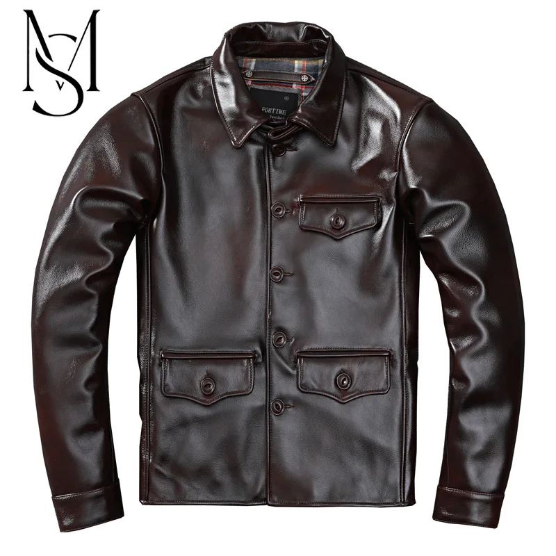 

Amekaji oil wax top layer cowhide leather jacket men's pure leather jacket soft slim Lapel casual coat