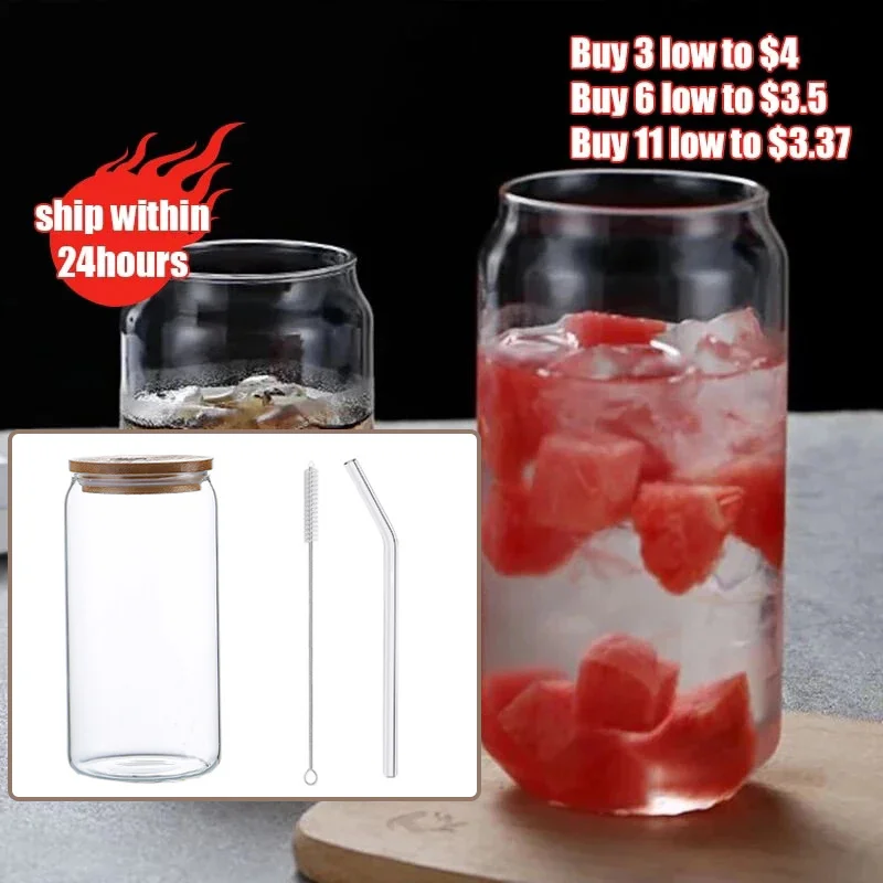 

Creative Can Shape Tea Juice Milk Glass Cup Bamboo Lid Coffee Mug Glass Drink Cup High Borosilicate Glass Drinkware Durable