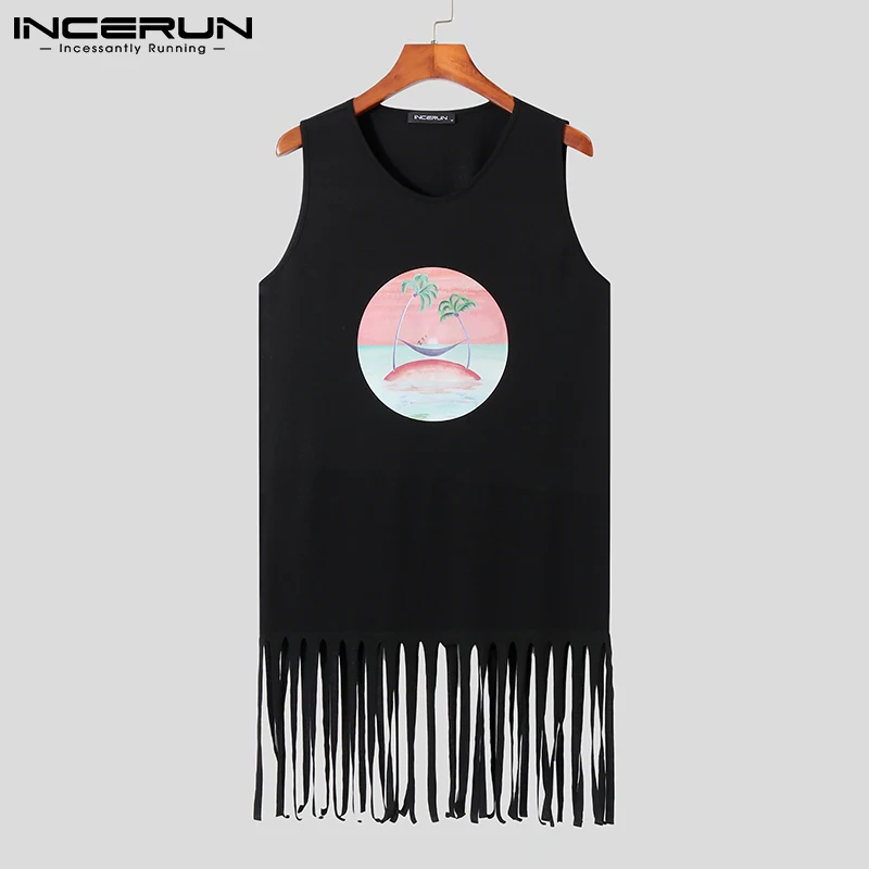 

INCERUN 2023 Men Tank Tops Printing Summer O-neck Sleeveless Streetwear Tassel Casual Vests Vacation Leisure Men Clothing S-5XL
