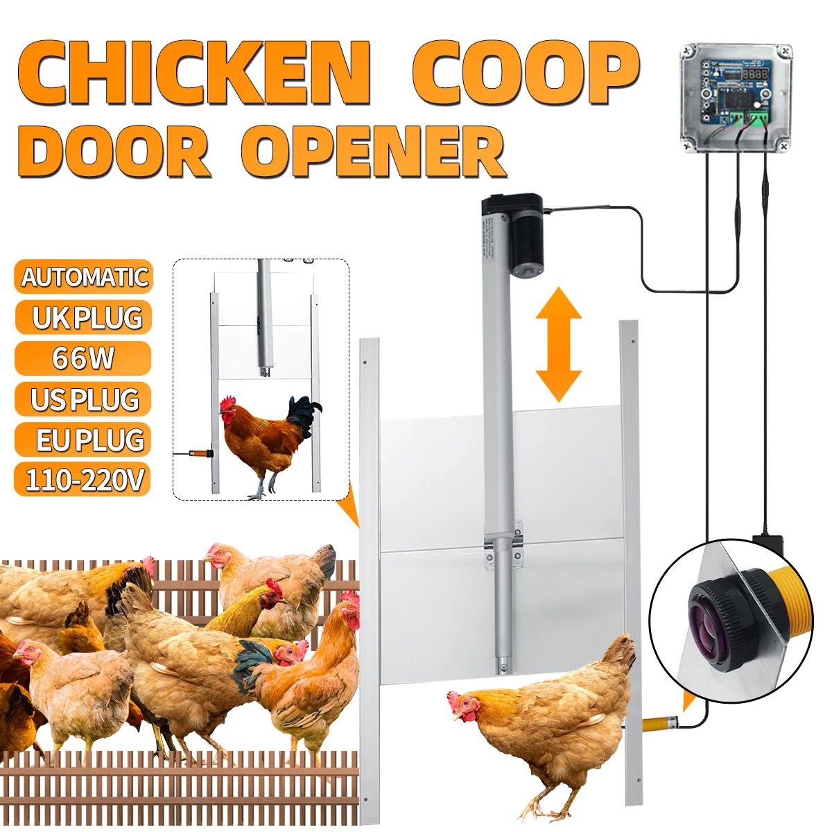 

Automatic Chicken Coop Door Opener Kit Light Sensor + Timing Switch Self-Locking Predator Resistant Chicken Metal Door for Farm