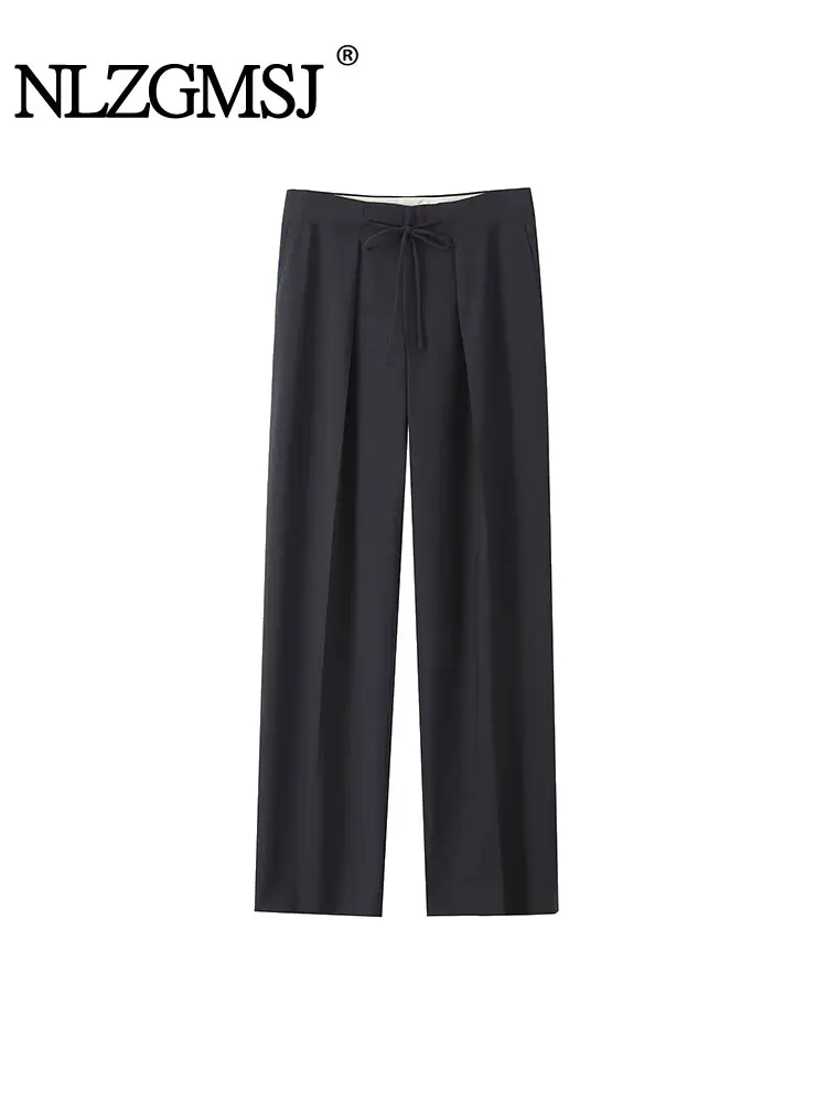 

Женские серые брюки Nlzgmsj TRAF, осень 2023, женские шикарные регулируемые мешковатые брюки с поясом, Повседневная Свободная уличная одежда