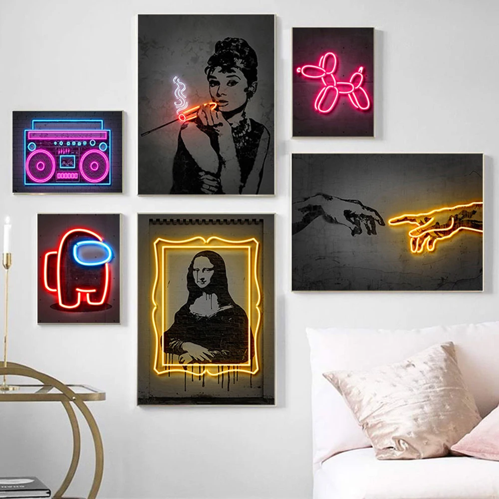 

Абстрактное неоновое искусство на холсте семейная собака Мона Лиза постер и принты рука Бога картина для гостиной современный настенный Де...