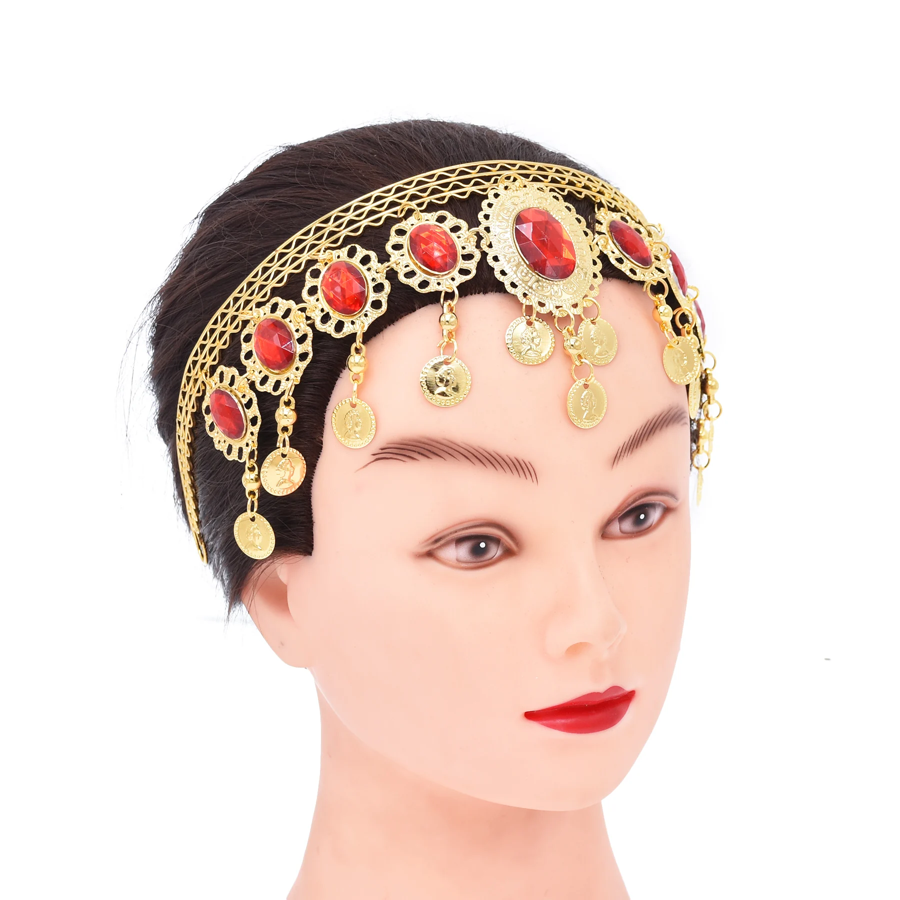 Alloy Hollow Out Pattern Red Crystal Long Coin Tassel Hairband For Women Party Gift Hair Accessories