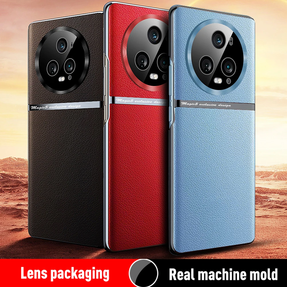 

Original Hard PC Case For Honor Magic 5 Pro luxury Natural Leather shockproof Plating Cover For Magic5 Mobile Phone Back Funda
