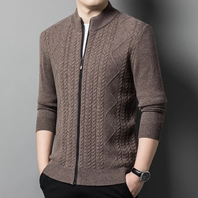 Мужской шерстяной свободный свитер кардиган на молнии средней высоты из 100%