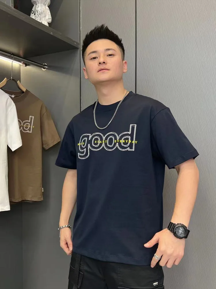 American Sle Trendy Letters Print round Neck Short sleeve T-shirt 2024 Summer New Men's Youth All-Match Ruan Handsome Half ...