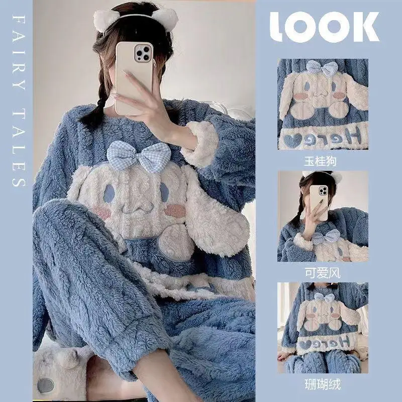 

Kawaii Sanrio Cinnamoroll мультфильм коралловый бархат теплый мультфильм милая девушка сердце плотное Фланелевое домашнее платье комплект