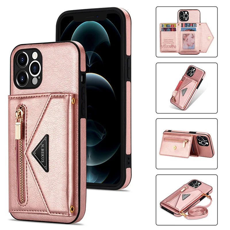

Zipper Wallet for IPhone 14 13 12 Mini 11 X XR XS Pro Max 7 8 Plus Case with Card Holder Lanyard Strap Crossbody Leather Cover