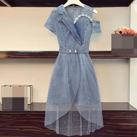 high elastic denim mesh dress womens clothing 2021 summer new slimming two piece suit sexy dress