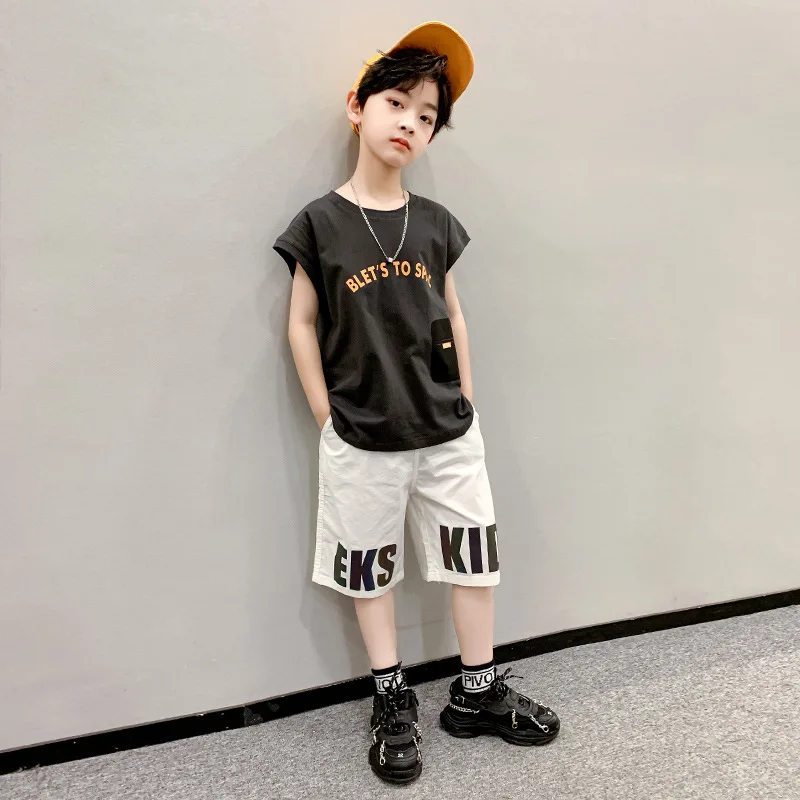 

Children Summer Sleeveless Breathable Tracksuit Kids Vest Tops Set Boys Trendy Letter Short Pants Outfit Teen Casual Sport Suits