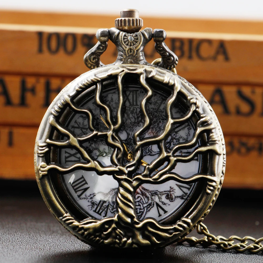 Albero Della Vita Hollow Intagliato Inchiostro Schizzo Pittura Quadrante Vintage Quarzo Orologio Da Tasca Collana Ciondolo Regali Per Le Donne O L'Uom